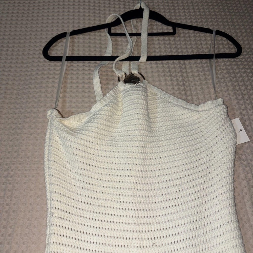 JLUXLABEL Cream Crochet Halter with Tan Lining
